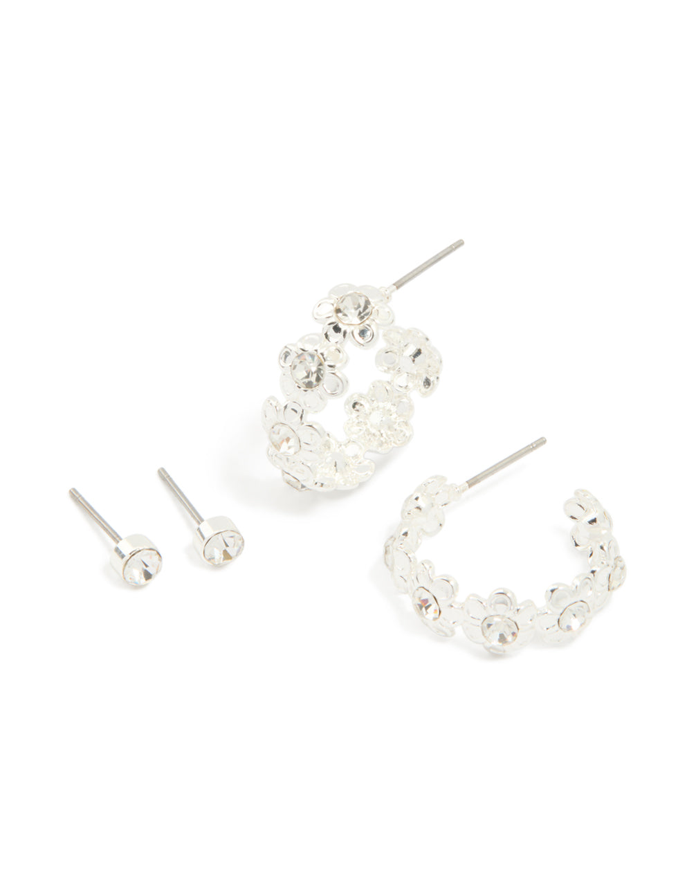 Silver Diamante Flower Hoop & Classic Stud Earrings 2-Pack