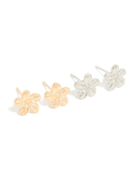 Mixed Metal Frangipani Flower Stud Earrings 2-Pack - link has visual effect only