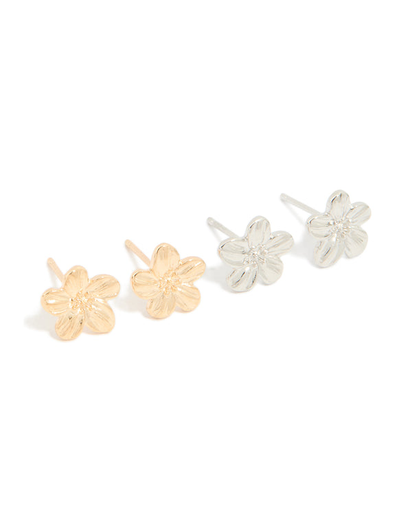 Mixed Metal Frangipani Flower Stud Earrings 2-Pack