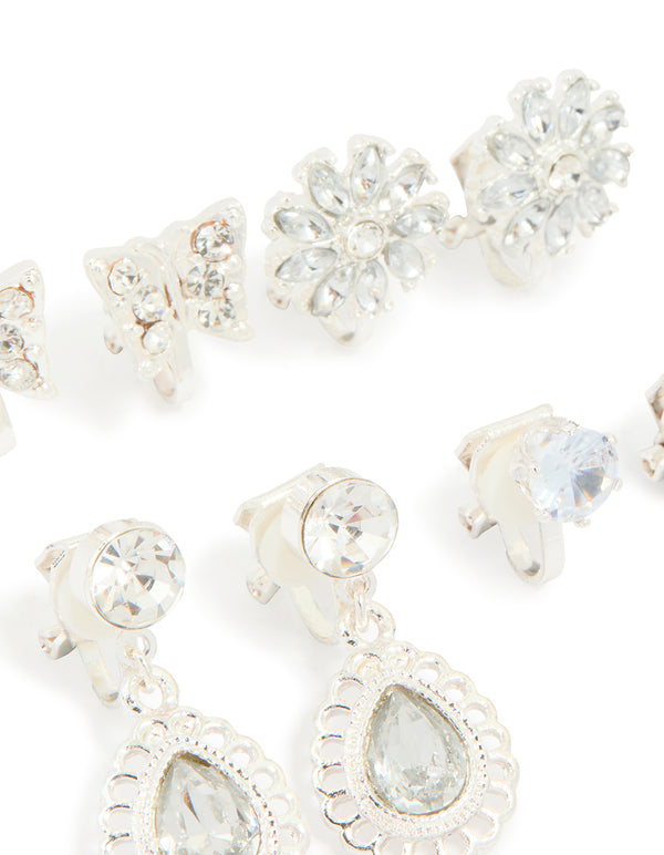 Silver Diamante Clip On Earrings 4-Pack