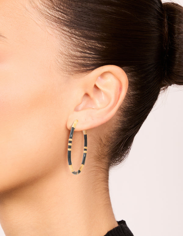 Waterproof Gold Plated Stainless Steel Black Enamel Striped Hoop Earrings