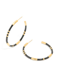 Waterproof Gold Plated Stainless Steel Black Enamel Striped Hoop Earrings - link has visual effect only