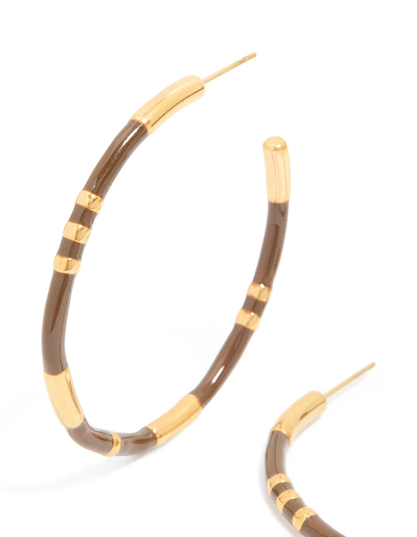 Waterproof Gold Plated Stainless Steel Brown Enamel Hoop Earrings