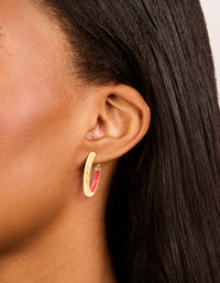 Waterproof Gold Plated Stainless Steel Half Red Enamel Hoop Earrings - link has visual effect only
