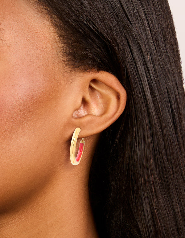 Waterproof Gold Plated Stainless Steel Half Red Enamel Hoop Earrings