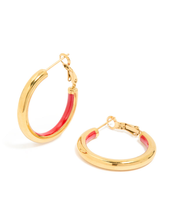 Waterproof Gold Plated Stainless Steel Half Red Enamel Hoop Earrings