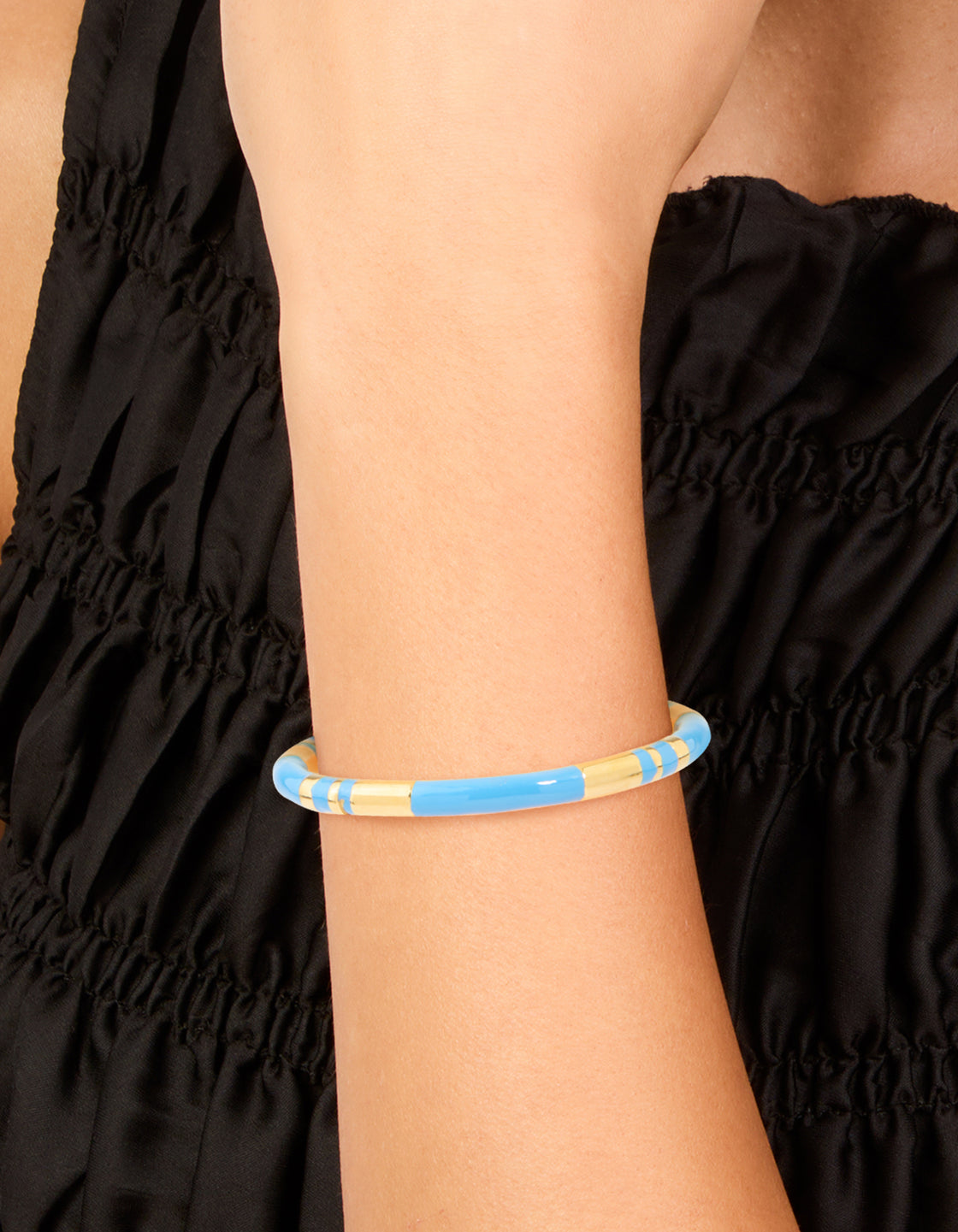 Waterproof Gold Plated Stainless Steel Stripe Blue Enamel Wrist Cuff