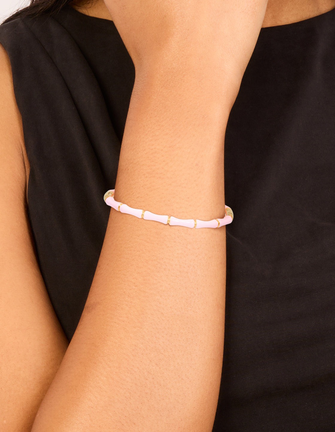 Waterproof Gold Plated Stainless Steel Bamboo Pink Enamel Bangle