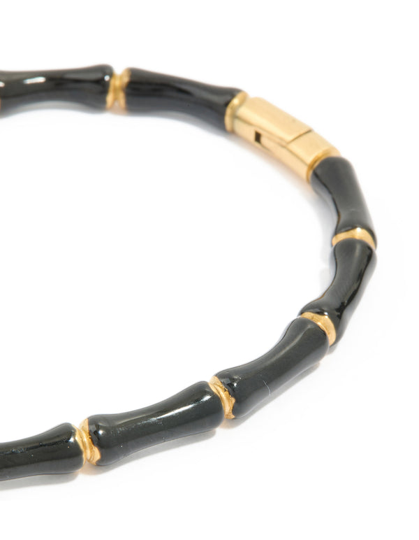 Waterproof Gold Plated Stainless Steel Black Enamel Bamboo Bangle