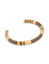 Waterproof Gold Plated Stainless Steel Brown Enamel Wrist Cuff - link has visual effect only