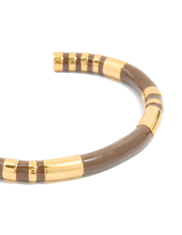 Waterproof Gold Plated Stainless Steel Brown Enamel Wrist Cuff