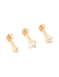 Gold Plated Titanium Cubic Zirconia Mixed Size Flat Back Earrings 3-Pack - link has visual effect only