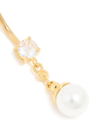 Gold Plated Surgical Steel Pearl & Cubic Zirconia Belly Bar - link has visual effect only