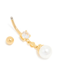 Gold Plated Surgical Steel Pearl & Cubic Zirconia Belly Bar - link has visual effect only