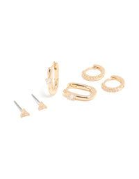 Gold Cubic Zirconia Rectangle Huggie & Stud Earrings 3-Pack - link has visual effect only