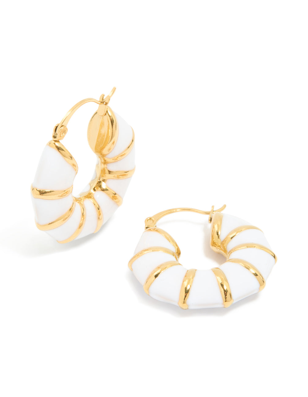 Discover waterproof huggie earrings crafted from stainless steel with bamboo-inspired segmented design in white enamel and gold plated finish front view