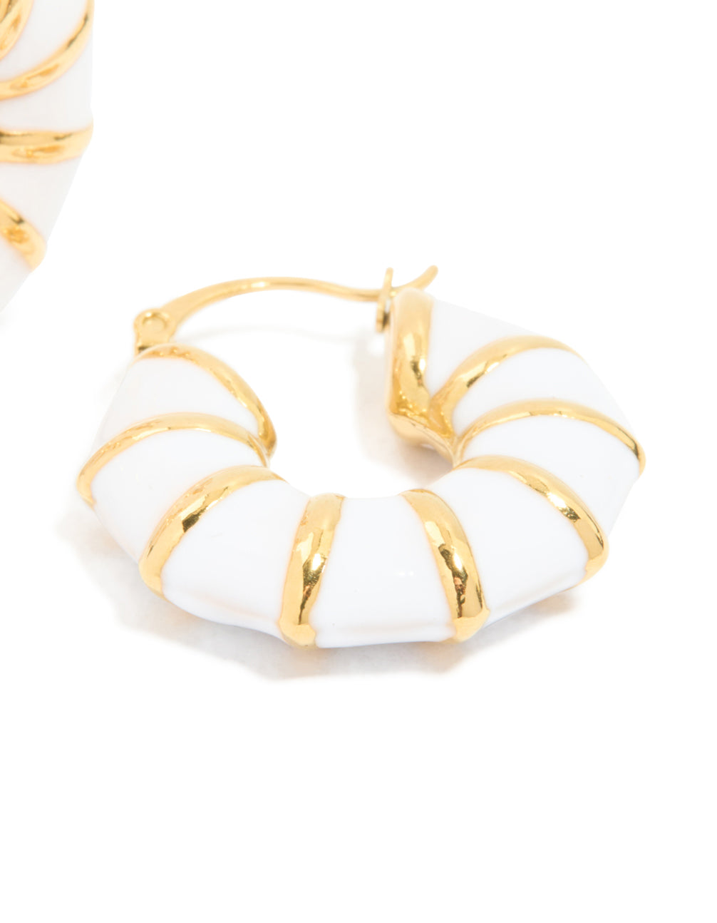 Designed with waterproof gold plated stainless steel bamboo white enamel huggie earrings post detail view