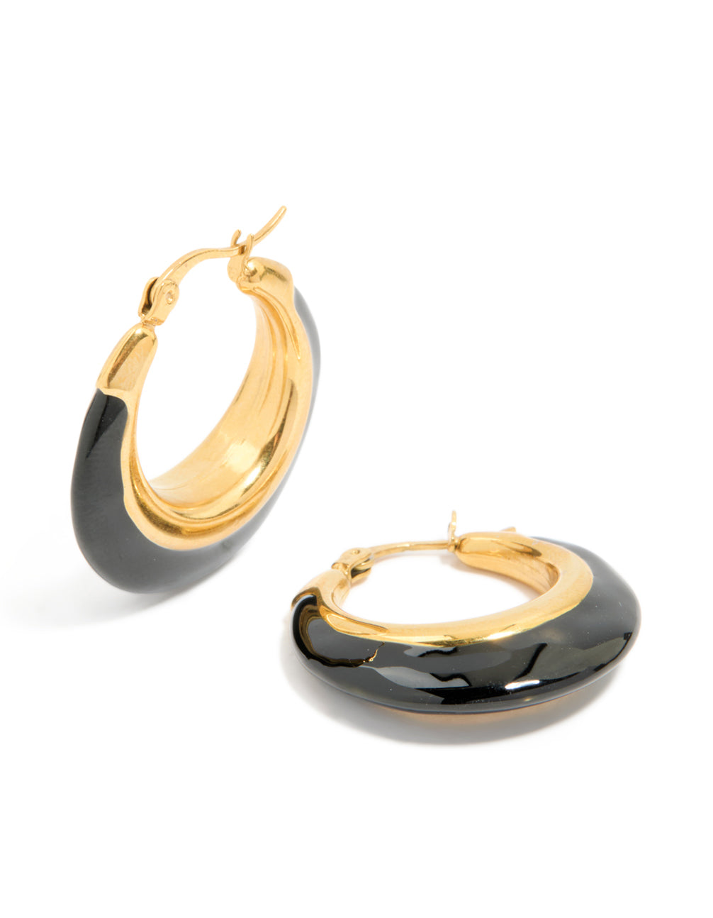 Showcasing waterproof gold plated stainless steel short hoop earrings with black enamel accents front view