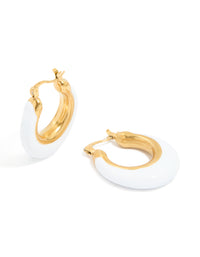 Waterproof Gold Plated Stainless Steel White Enamel Long Hoop Earrings - link has visual effect only