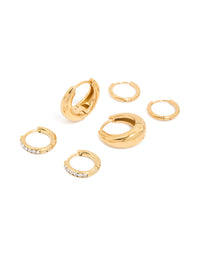 Waterproof Gold Plated Stainless Steel Cubic Zirconia Mix Huggie Earrings 3-Pack - link has visual effect only