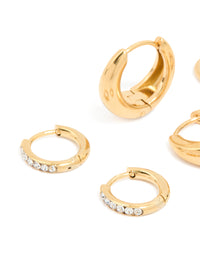 Waterproof Gold Plated Stainless Steel Cubic Zirconia Mix Huggie Earrings 3-Pack - link has visual effect only