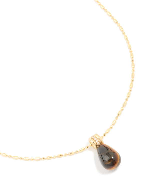 Waterproof Gold Plated Stainless Steel Tiger Eyes Semi Precious Stone Pendant Necklace