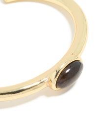 Waterproof Gold Plated Stainless Steel Tigers Eye Semi Precious Stone Open Wrist Cuff - link has visual effect only