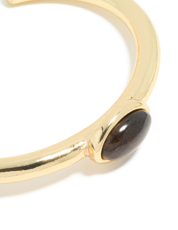 Waterproof Gold Plated Stainless Steel Tigers Eye Semi Precious Stone Open Wrist Cuff