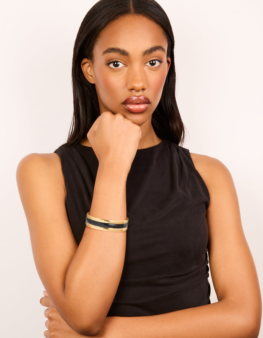 Waterproof Gold Plated Stainless Steel Black Enamel Inlay Wrist Cuff