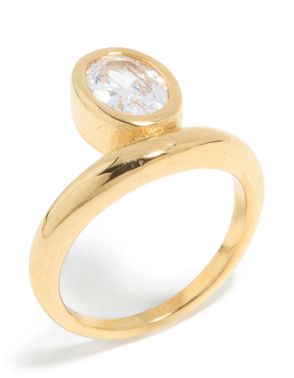Waterproof Gold Plated Stainless Steel Cubic Zirconia Oval Bezel Ring