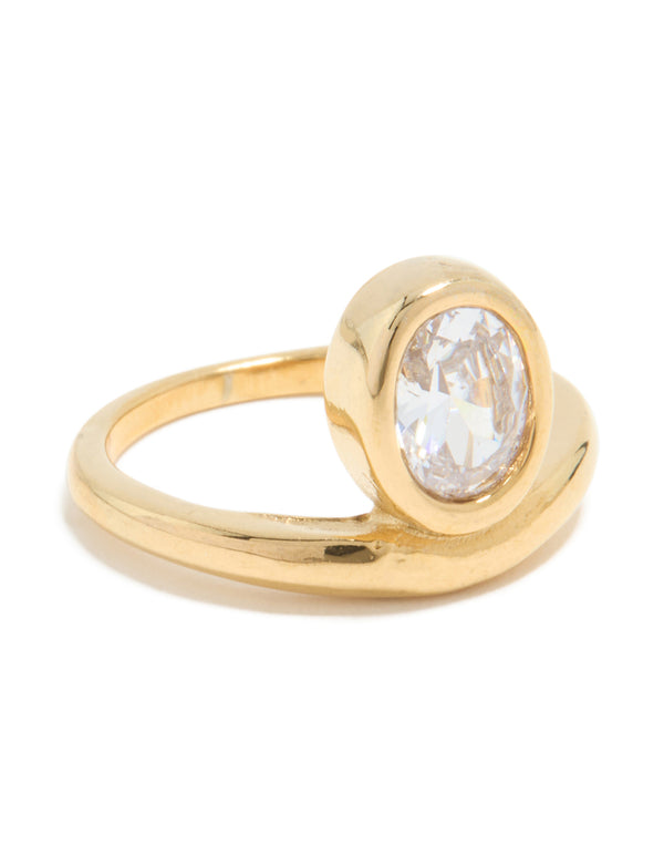 Waterproof Gold Plated Stainless Steel Cubic Zirconia Oval Bezel Ring