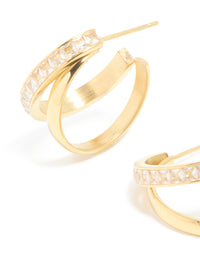 Waterproof Gold Plated Stainless Steel Cubic Zirconia Double Illusion Hoop Earrings - link has visual effect only