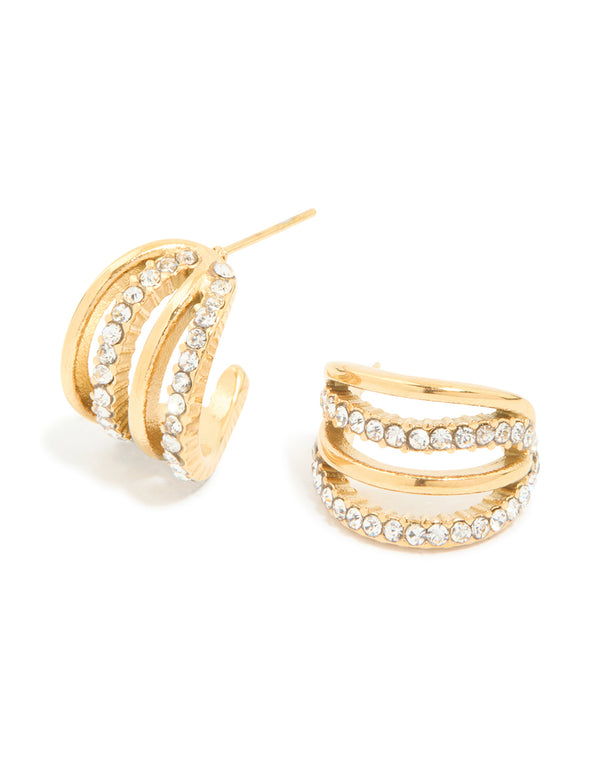 Waterproof Gold Plated Stainless Steel Cubic Zirconia Pave 4-Row Illusion Hoop Earrings