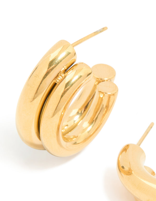 Waterproof Gold Plated Stainless Steel Double Illusion Hoop Earrings