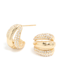 Waterproof Gold Plated Stainless Steel Diamante Trio Illusion Hoop Earrings - link has visual effect only