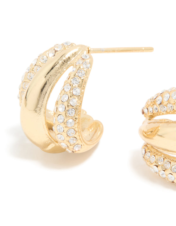 Waterproof Gold Plated Stainless Steel Diamante Trio Illusion Hoop Earrings