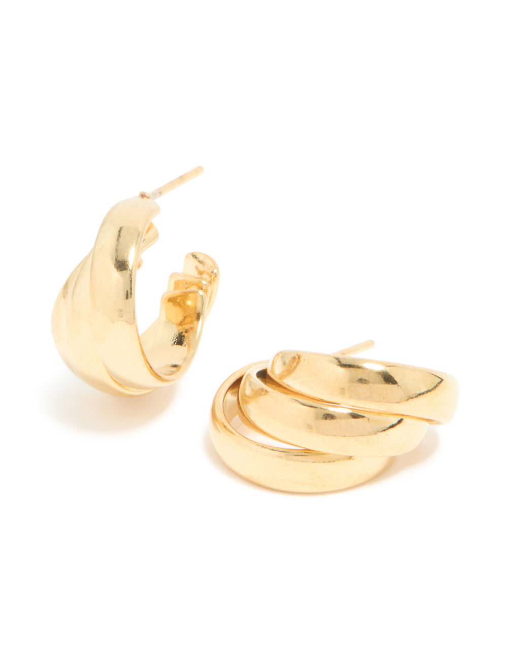 Presenting waterproof gold plated stainless steel triple wrapped illusion hoop earrings in statement style front view