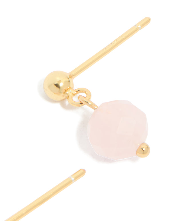 Gold Plated Sterling Silver Rose Quartz Semi Precious Stone Drop Earrings