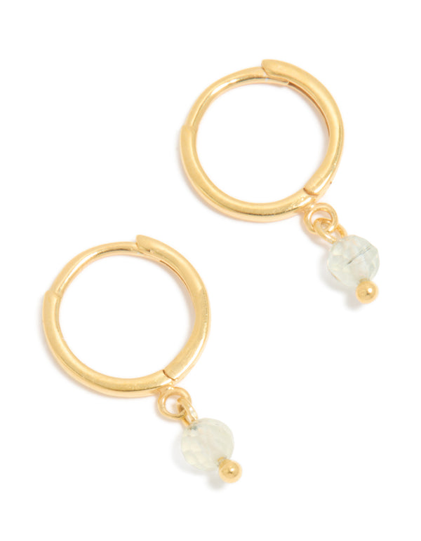 Gold Plated Sterling Silver Clear Quartz Semi Precious Stone Hoop Earrings