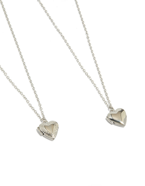 Featuring heart locket pendant necklaces crafted from waterproof stainless steel in silver, available as a 2-pack close up view