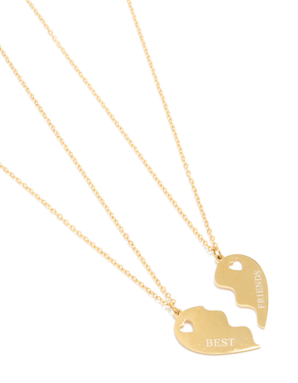 Explore this waterproof gold plated stainless steel BFF heart dainty style necklaces featuring script on pendant in a 2-pack close up view