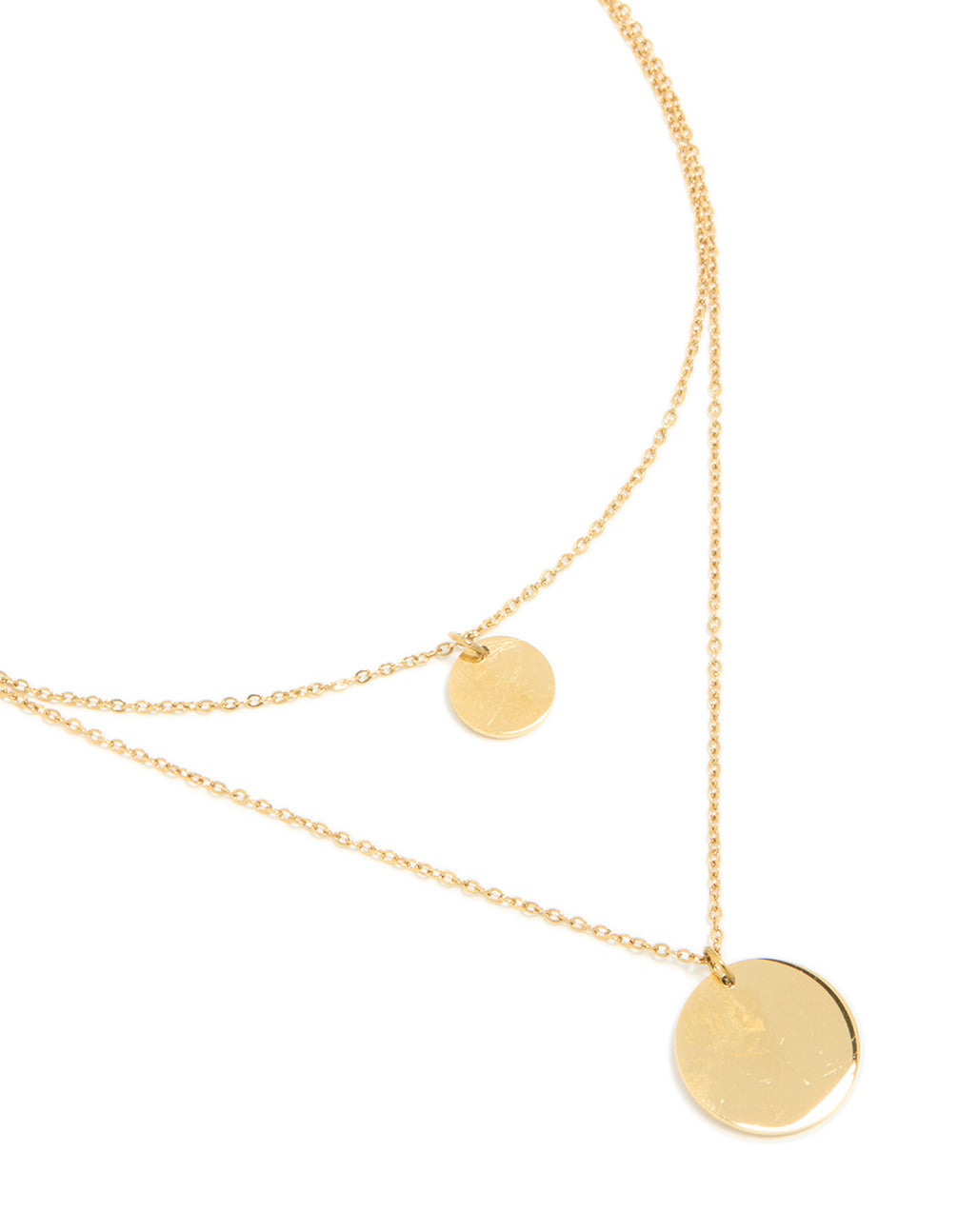 Discover this waterproof gold plated stainless steel layered necklace with disc feature close up view