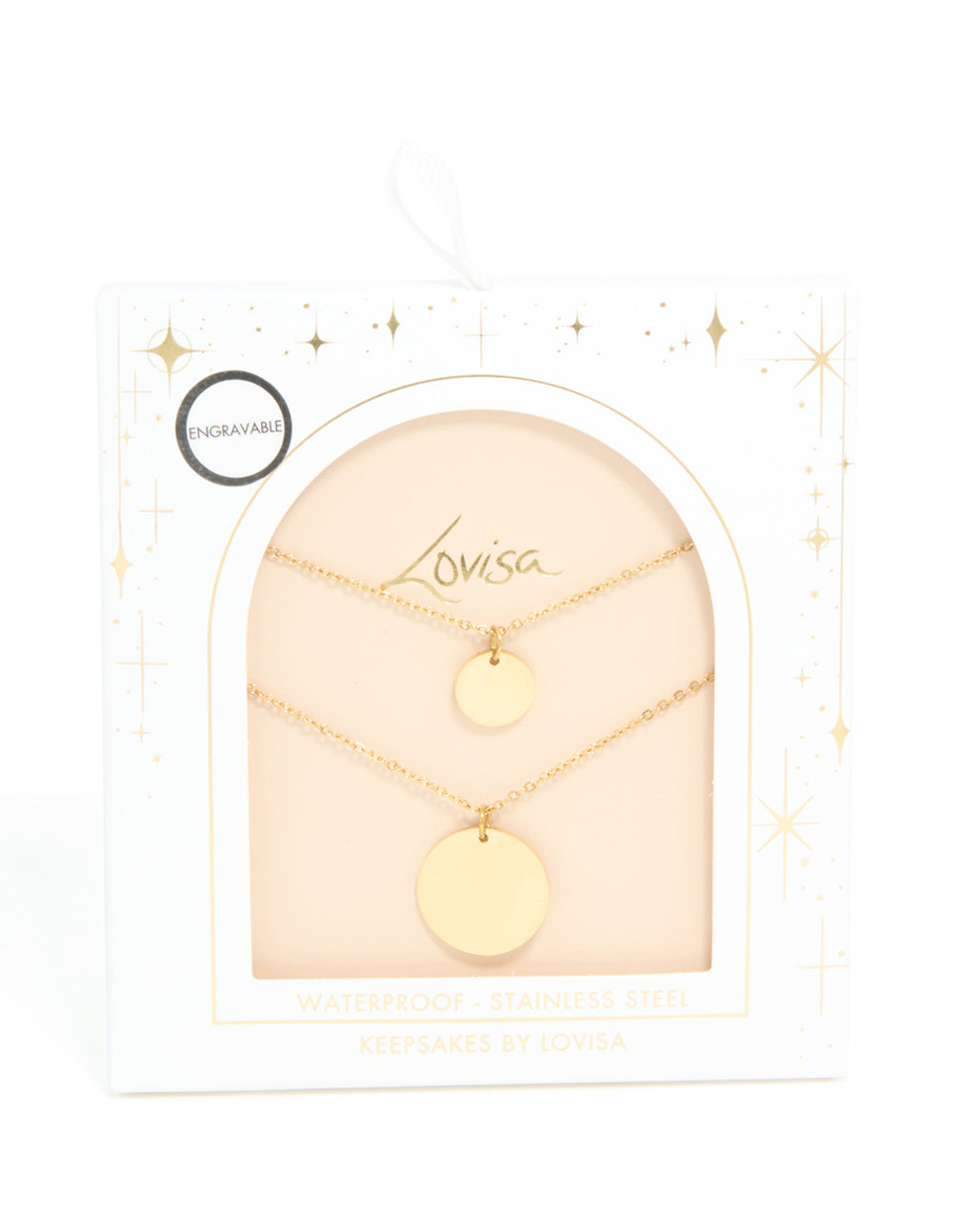 Discover this waterproof gold plated stainless steel layered necklace with disc feature close up view