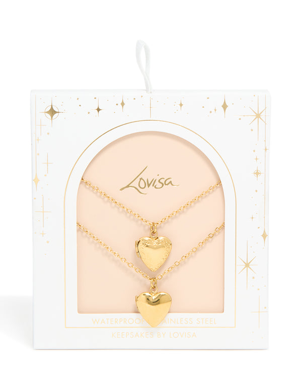 Waterproof Gold Plated Stainless Steel Heart Locket Necklaces 2-Pack