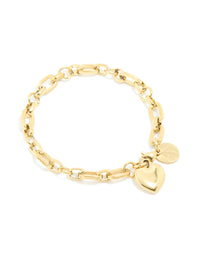 Waterproof Gold Stainless Steel Chunky Heart Link Charm Bracelet - link has visual effect only