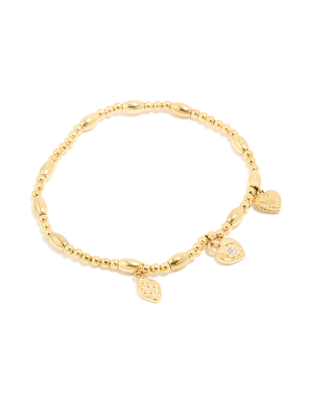 Beautifully designed waterproof gold-plated stainless steel stretch bracelet featuring a triple heart, beaded, padlock, and charm design front view