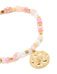 Waterproof Gold Plated Stainless Steel Rose Quartz Semi Precious Coin Bracelet - link has visual effect only