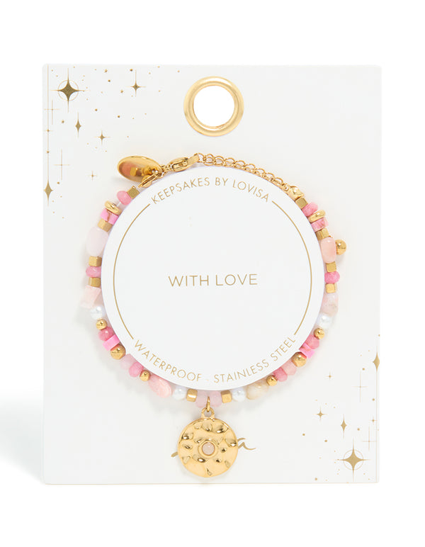 Waterproof Gold Plated Stainless Steel Rose Quartz Semi Precious Coin Bracelet