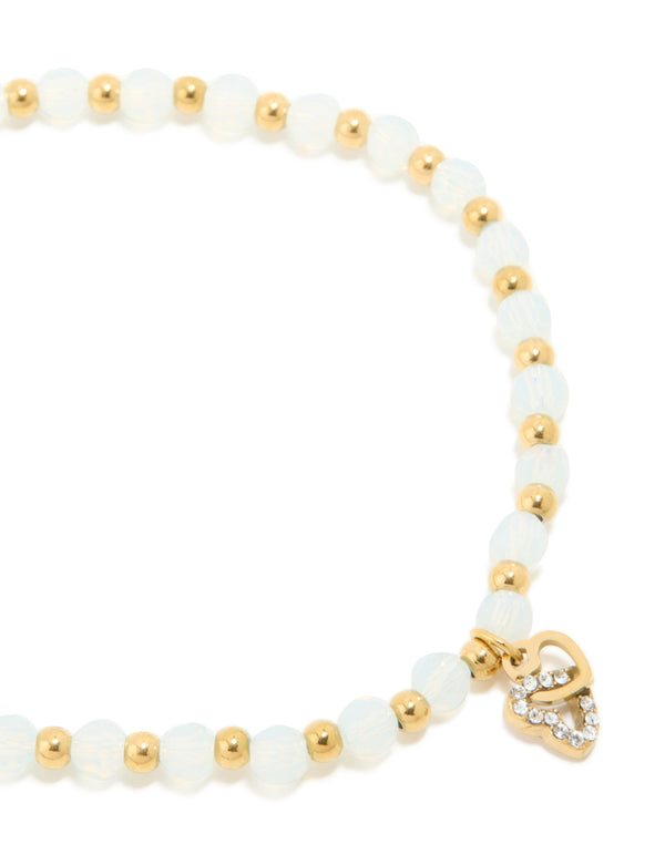 Waterproof Gold Plated Stainless Steel Clear Quartz Semi Precious Stone Heart Link Stretch Bracelet