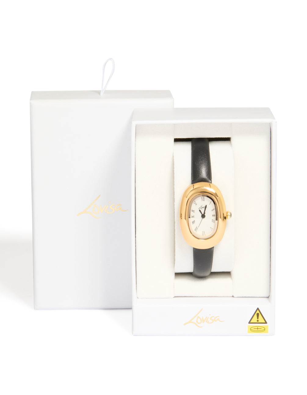 Featuring a women's analog watch with white dial showcasing roman numerals in a oval case, designed with casual styling, crafted from PU leather strap in black, shown in packaging case detail view